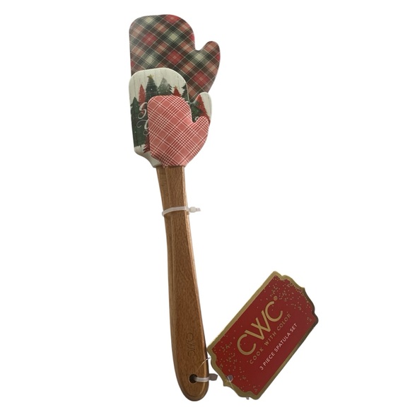 CWC Seasons Greetings 3 Piece Mitten Spatula Set Cook with Color Wooden Handles - Picture 1 of 9